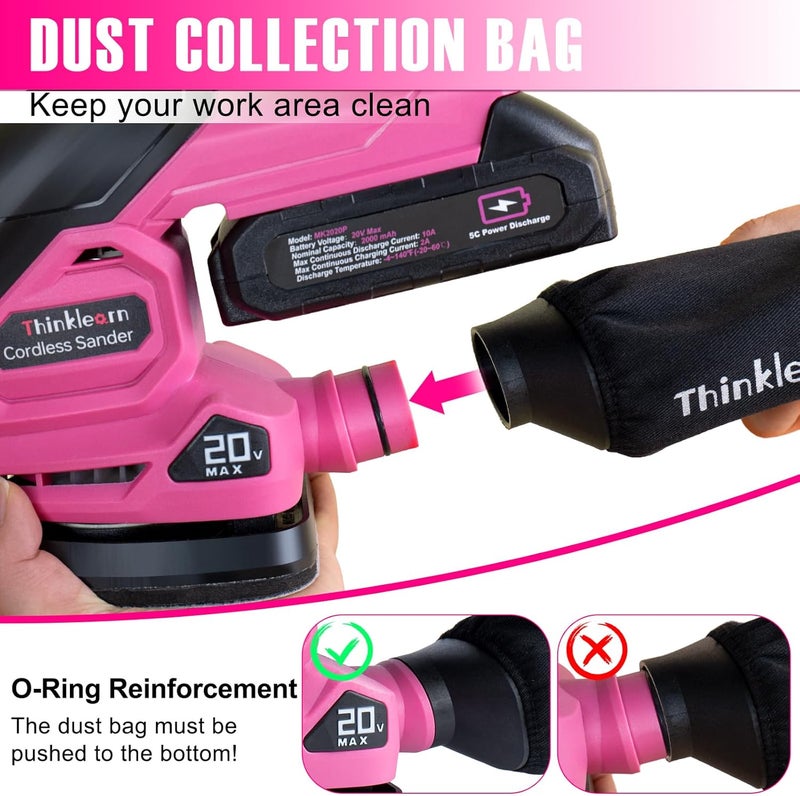 ThinkLearn Cordless Detail Sander - 20V Electric Hand Sander with 22Pcs Sandpapers, 12000 RPM Mouse Sander with Dust Bag, Compact Palm Sander Tool for Woodworking, 2.0Ah Battery and Charger Included - Image 4